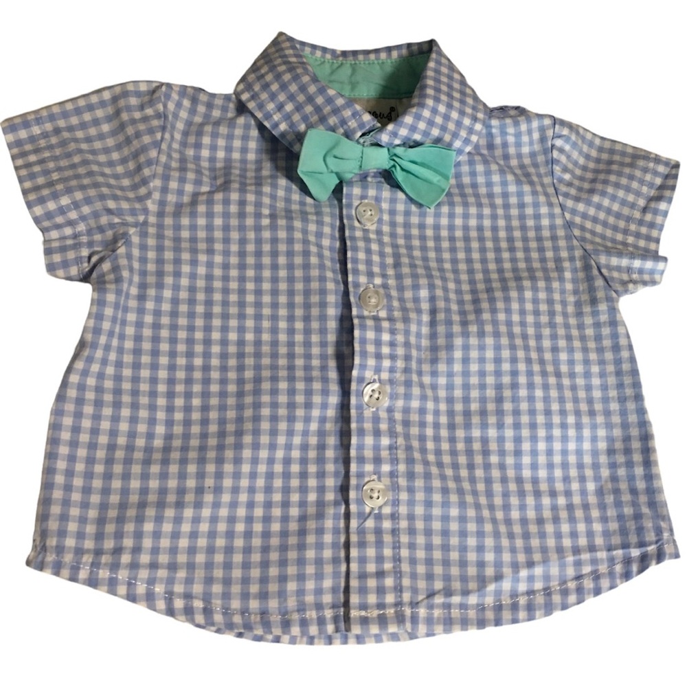 Babyrageous short sleeve shirt top button bow blue white cotton gingham print NB